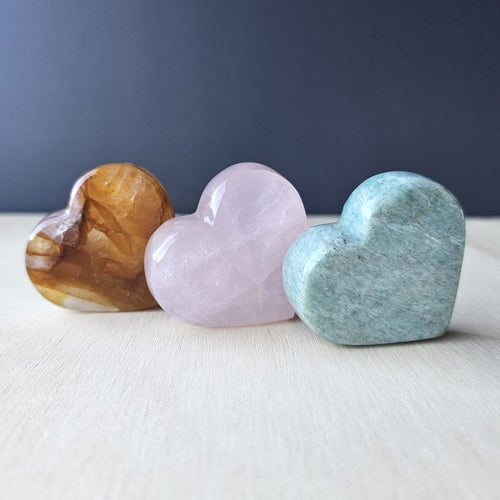 Amazonite, Golden Healer, Rose Quartz Standing Hearts | The Aligned Heart Set