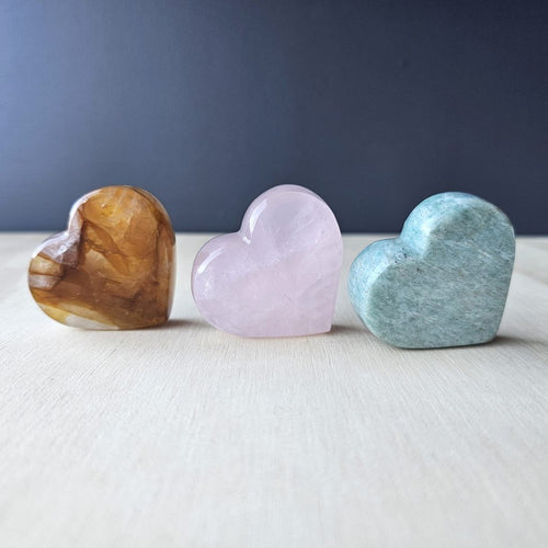 Amazonite, Golden Healer, Rose Quartz Standing Hearts | The Aligned Heart Set