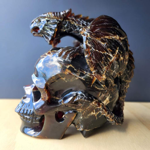 Blue Amber Skull & Dragon Carving | Imperium Draconis