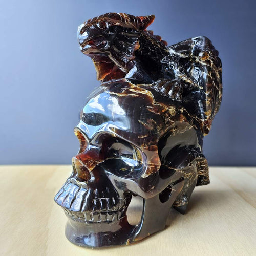 Blue Amber Skull & Dragon Carving | Imperium Draconis