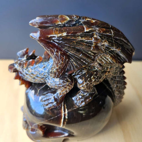 Blue Amber Skull & Dragon Carving | Sovereign Of The Azure Flame