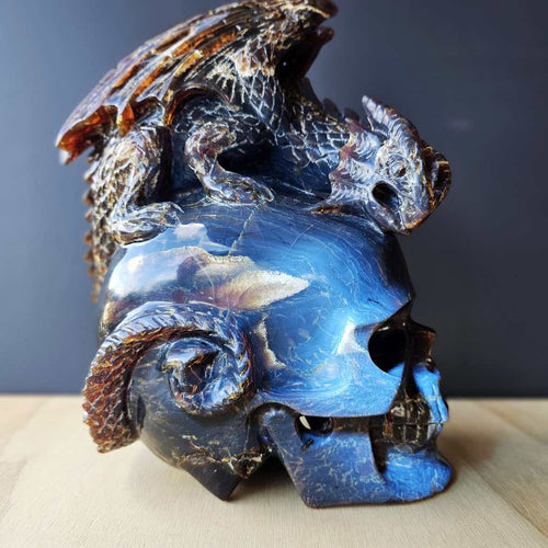Blue Amber Skull & Dragon Carving | Sovereign Of The Azure Flame