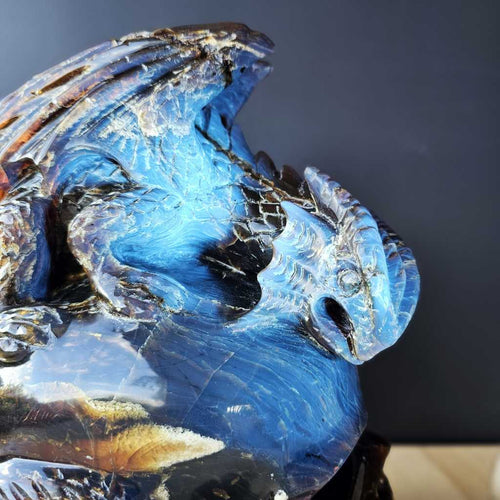 Blue Amber Skull & Dragon Carving | Sovereign Of The Azure Flame