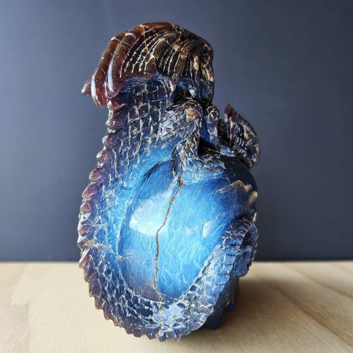 Blue Amber Skull & Dragon Carving | Sovereign Of The Azure Flame