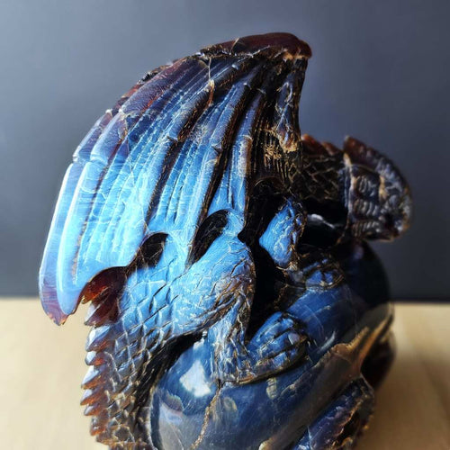 Blue Amber Skull & Dragon Carving | Sovereign Of The Azure Flame