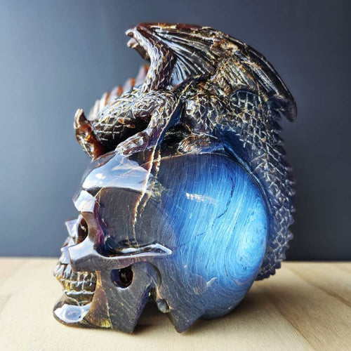 Blue Amber Skull & Dragon Carving | Sovereign Of The Azure Flame