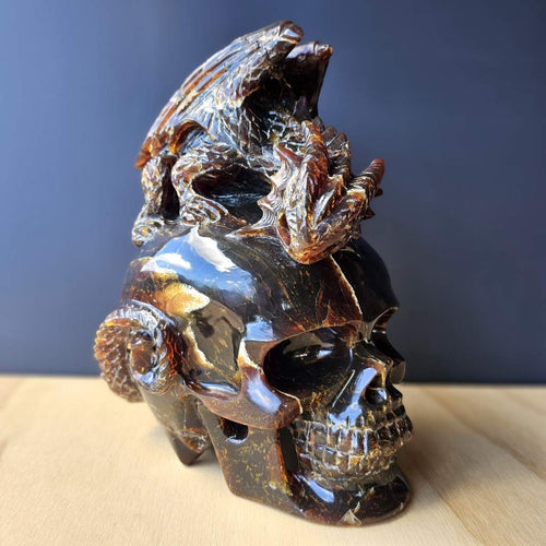 Blue Amber Skull & Dragon Carving | Sovereign Of The Azure Flame