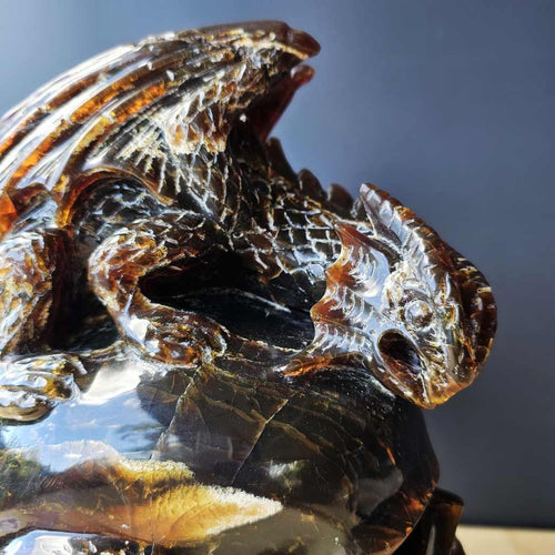 Blue Amber Skull & Dragon Carving | Sovereign Of The Azure Flame