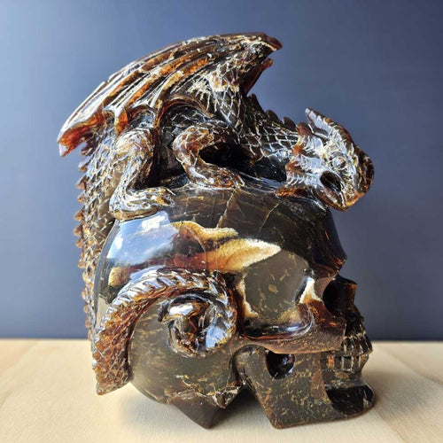 Blue Amber Skull & Dragon Carving | Sovereign Of The Azure Flame