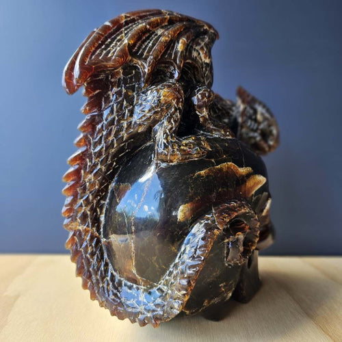 Blue Amber Skull & Dragon Carving | Sovereign Of The Azure Flame