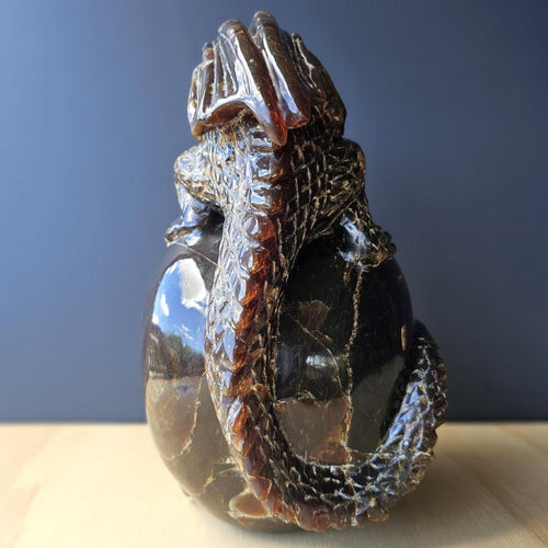 Blue Amber Skull & Dragon Carving | Sovereign Of The Azure Flame