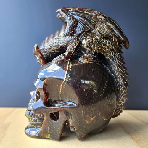 Blue Amber Skull & Dragon Carving | Sovereign Of The Azure Flame