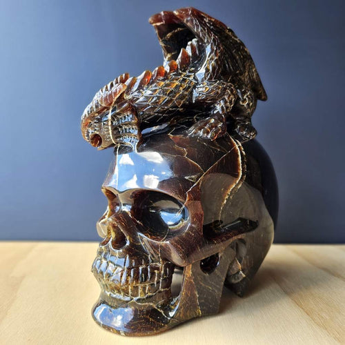 Blue Amber Skull & Dragon Carving | Sovereign Of The Azure Flame
