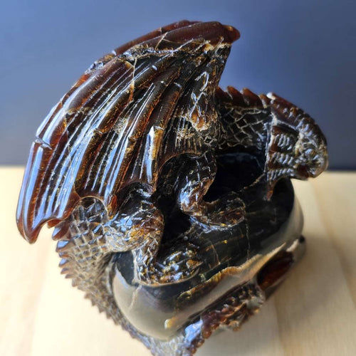 Blue Amber Skull & Dragon Carving | Sovereign Of The Azure Flame