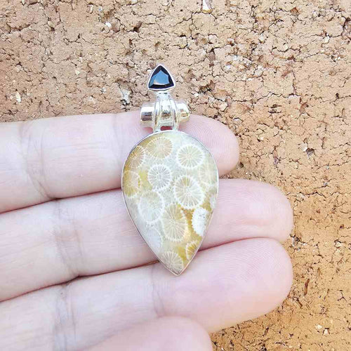 Coral Fossil and faceted Black Onyx Pendant | Ancient Tide