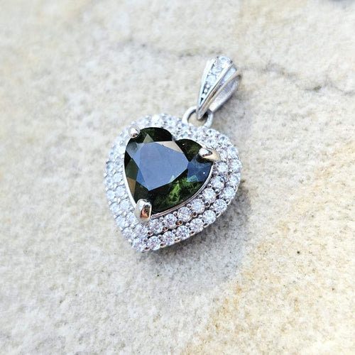 Genuine Moldavite Heart Faceted Pendant | Cubic Zirconia