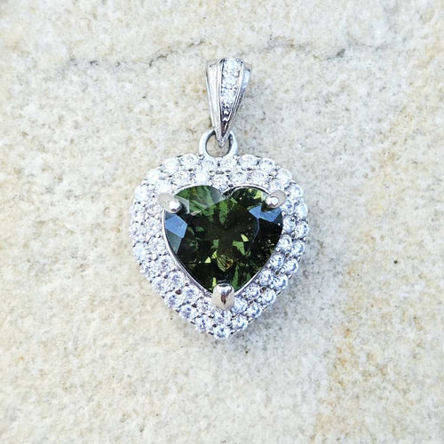 Genuine Moldavite Heart Faceted Pendant | Cubic Zirconia