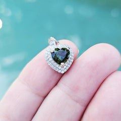 Genuine Moldavite Heart Faceted Pendant | Cubic Zirconia