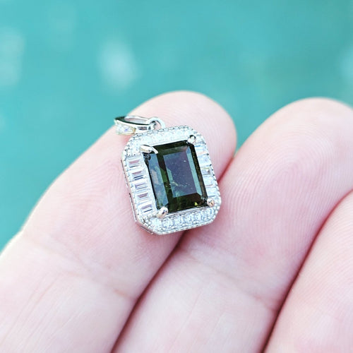 Genuine Moldavite Rectangular Faceted Pendant | Cubic Zirconia