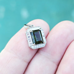 Genuine Moldavite Rectangular Faceted Pendant | Cubic Zirconia