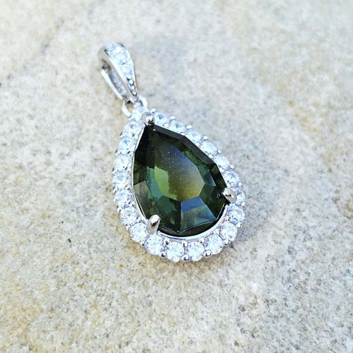 Genuine Moldavite Teardrop Faceted Pendant | Cubic Zirconia