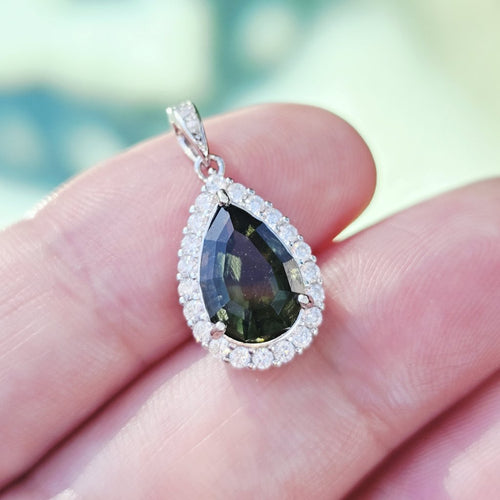 Genuine Moldavite Teardrop Faceted Pendant | Cubic Zirconia