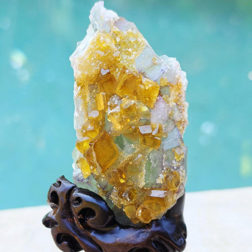 Golden Barite Specimen With Green Fluorite | Custom Stand