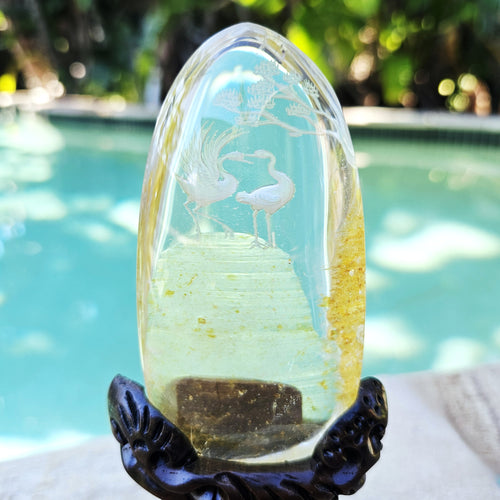 Golden Healer Quartz Reverse Etched Crane Scene | Custom Stand 409gms