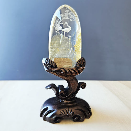 Golden Healer Quartz Reverse Etched Crane Scene | Custom Stand 409gms