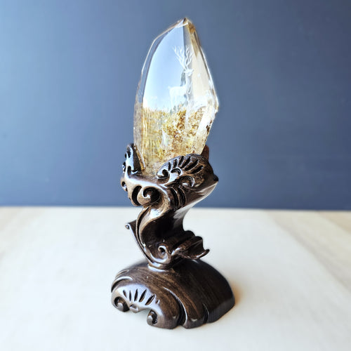 Golden Healer Quartz Reverse Etched Deer | Custom Stand 367gms