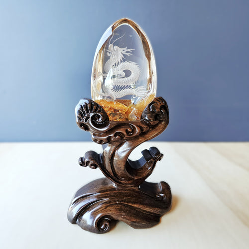 Golden Healer Quartz Reverse Etched Dragon | Custom Stand 395gms