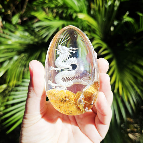 Golden Healer Quartz Reverse Etched Dragon | Custom Stand 395gms