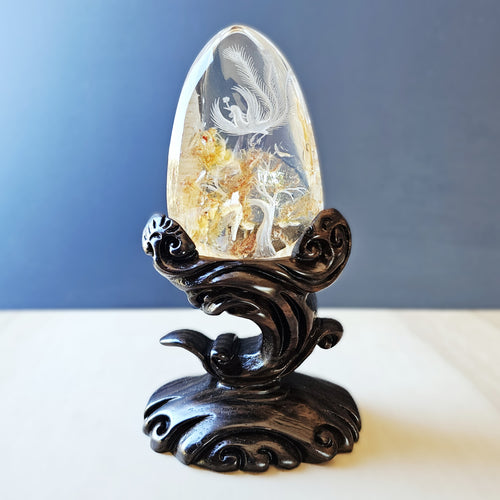 Golden Healer Quartz Reverse Etched Rising Phoenix | Custom Stand 527gms