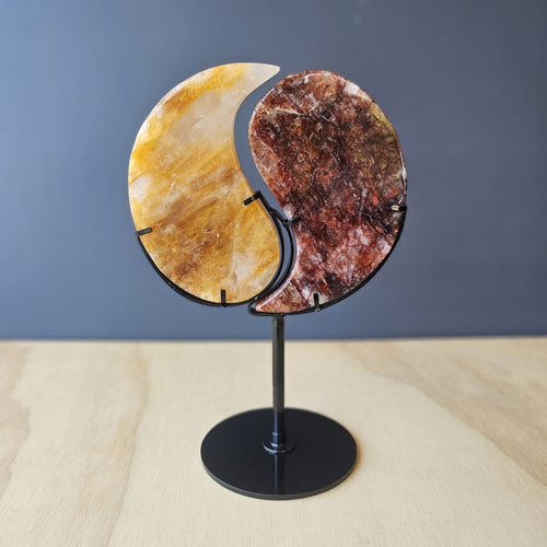 Golden Healer & Fire Quartz | Yin Yang Carving on Stand