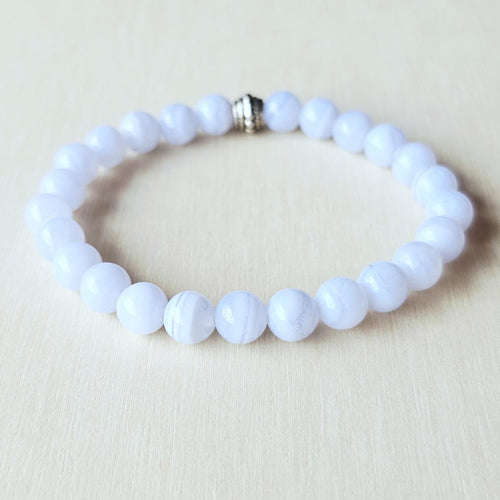 Blue Lace Agate beaded bracelet symbolising peace, clarity, and emotional balance.