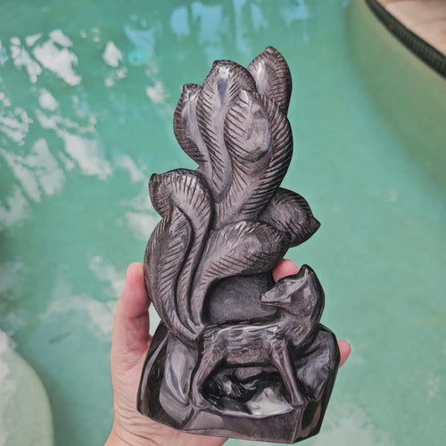 Silver Sheen Obsidian Nine Tail Fox | Spirit Moonfire