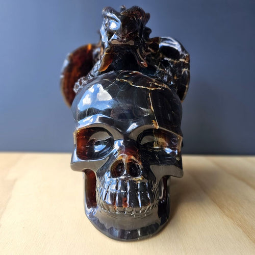Blue Amber Skull & Dragon Carving | Imperium Draconis