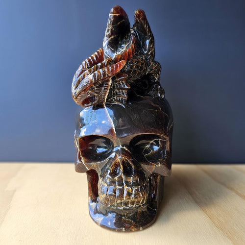 Blue Amber Skull & Dragon Carving | Sovereign Of The Azure Flame