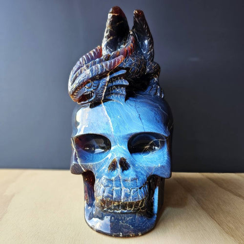 Blue Amber Skull & Dragon Carving | Sovereign Of The Azure Flame