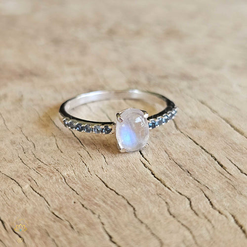 Blue Fire Moonstone and Blue Topaz Ring | Cosmic Manifestation