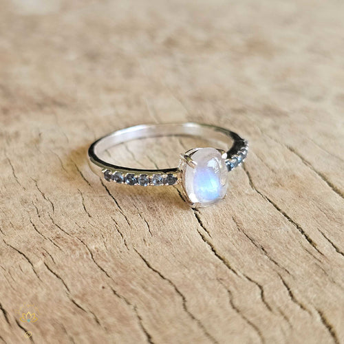 Blue Fire Moonstone and Blue Topaz Ring | Cosmic Manifestation