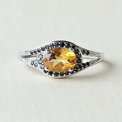 Brazilian Faceted Citrine & Black Spinel Ring | Golden Contrast
