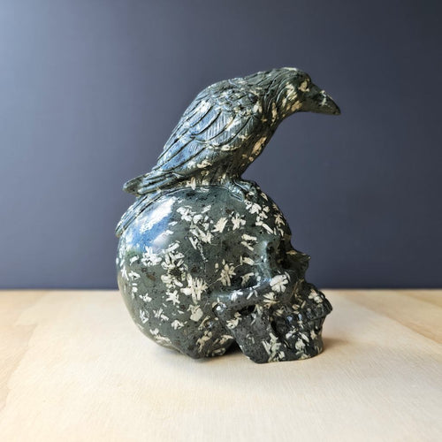 Chinese Writing Stone Raven Skull | Feathered Guardian