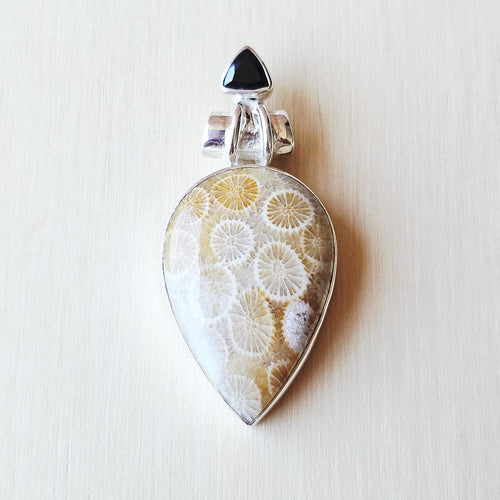 Coral Fossil and faceted Black Onyx Pendant | Ancient Tide