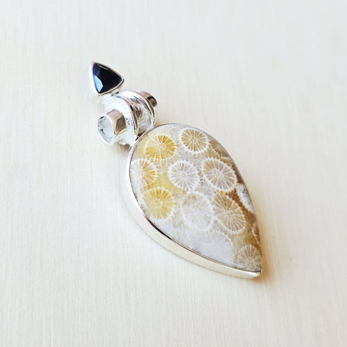 Coral Fossil and faceted Black Onyx Pendant | Ancient Tide
