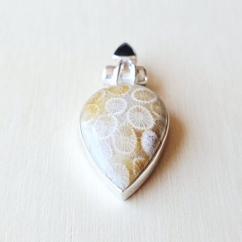 Coral Fossil and faceted Black Onyx Pendant | Ancient Tide