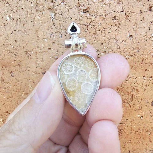 Coral Fossil and faceted Black Onyx Pendant | Ancient Tide