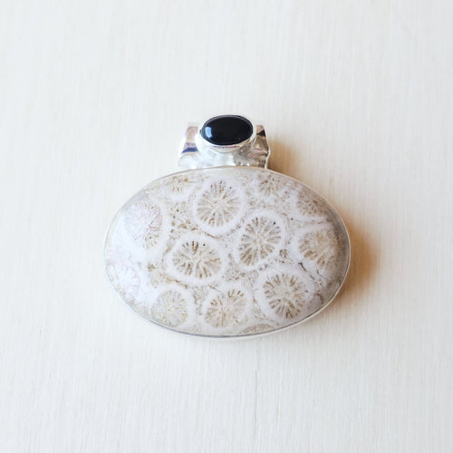 Coral Fossil and faceted Black Onyx Pendant | Onyx Tide