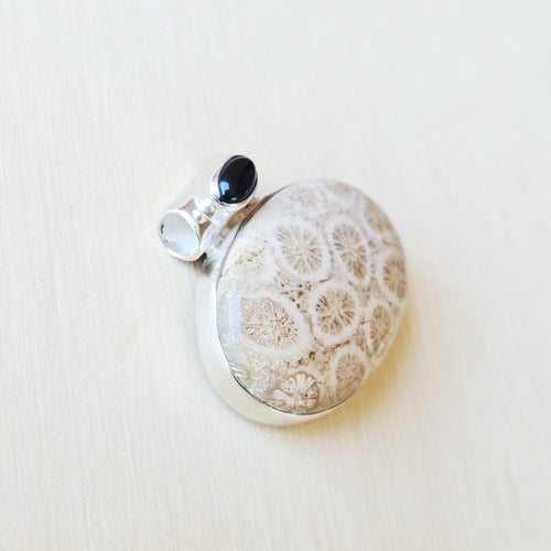 Coral Fossil and faceted Black Onyx Pendant | Onyx Tide