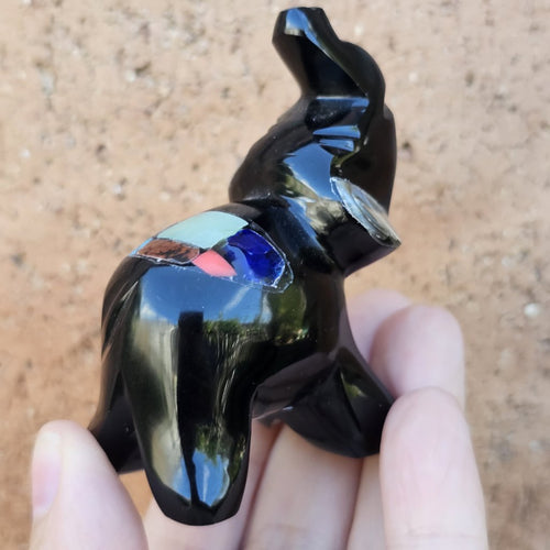 Gemstone Collared Obsidian Elephant| Mystic Familiars